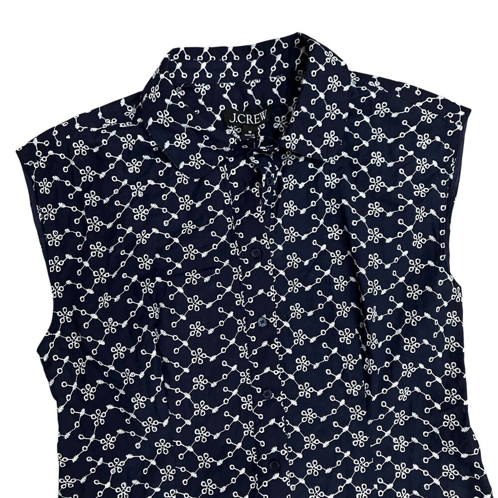 J Crew Mini Eyelet Shirt Dress Womens 10 Navy Blue Sleeveless Button Front Godet - Picture 3 of 13
